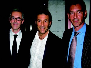 Guillame Davin, Panzetta Girolama, and Bvlgari Japan’s president Stephane Lafay at the reopening party of Fiat’s showroom, café, and party venue on Aoyama Dori