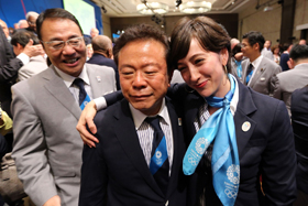 Takigawa and Tokyo Governor, Naoki Inose, celebrating after the IOC decision
