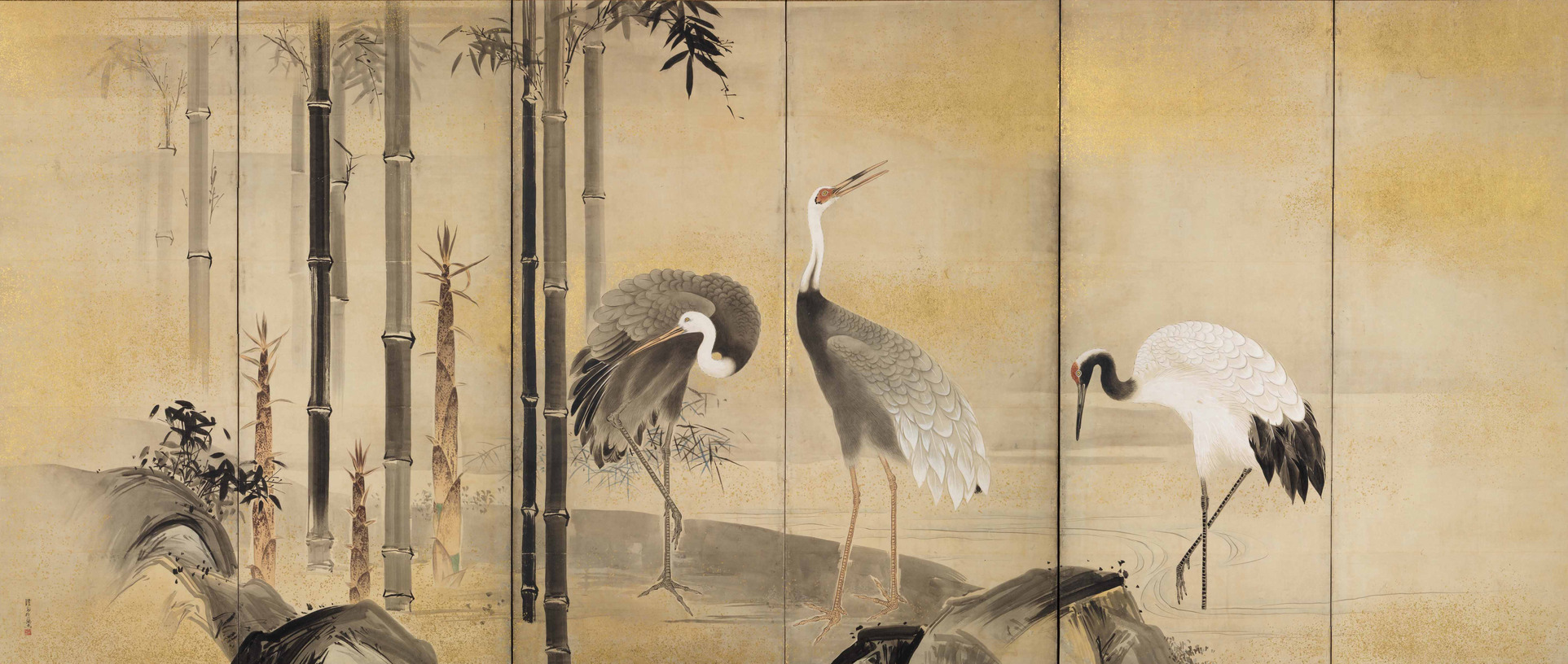 Watanabe Shiko”Cranes with Plum,Bamboo and Pine” (left screen) Mid Edo period,Okada Museum of Art