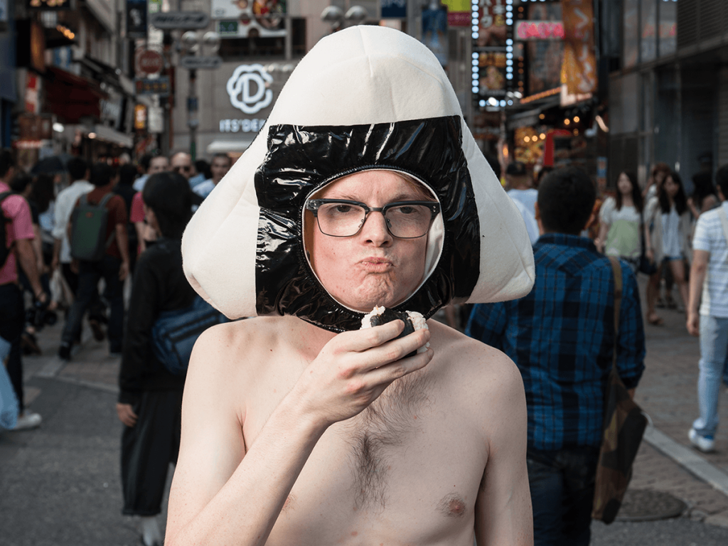 man wearing onigiri helmet and loincloth