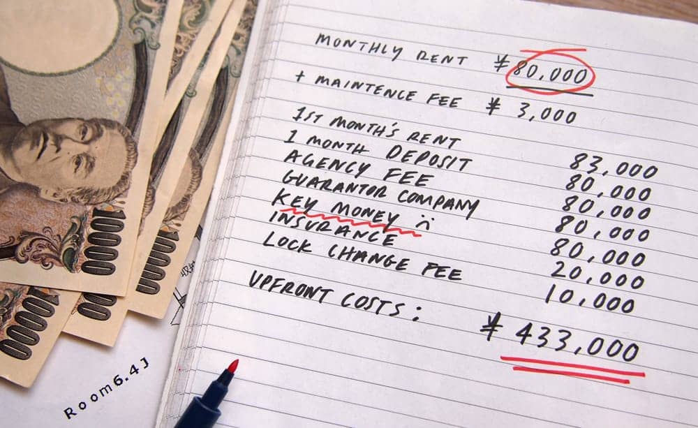 image of notebook calculating the costs of renting an apartment in Tokyo including key money, deposit etc, with pens and Japanese yen notes at the side.