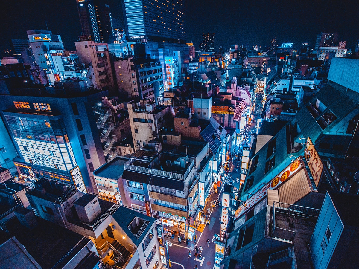 shinjuku tokyo seen from above neon lights