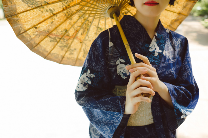 old higasa w kimono only half face and parasol showing