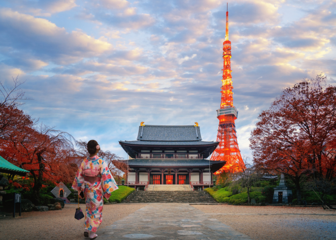 zozoji temple with tokyo tower standing in the background