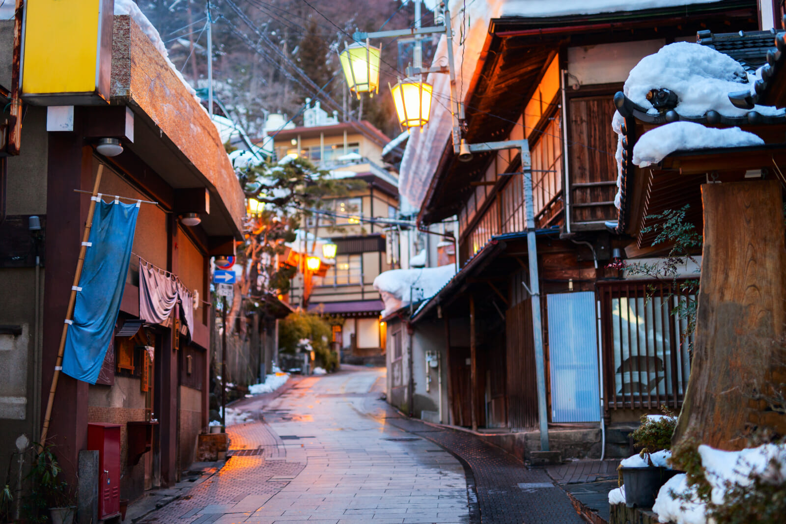 shibu onsen street after a winter snowfall, nagano japan