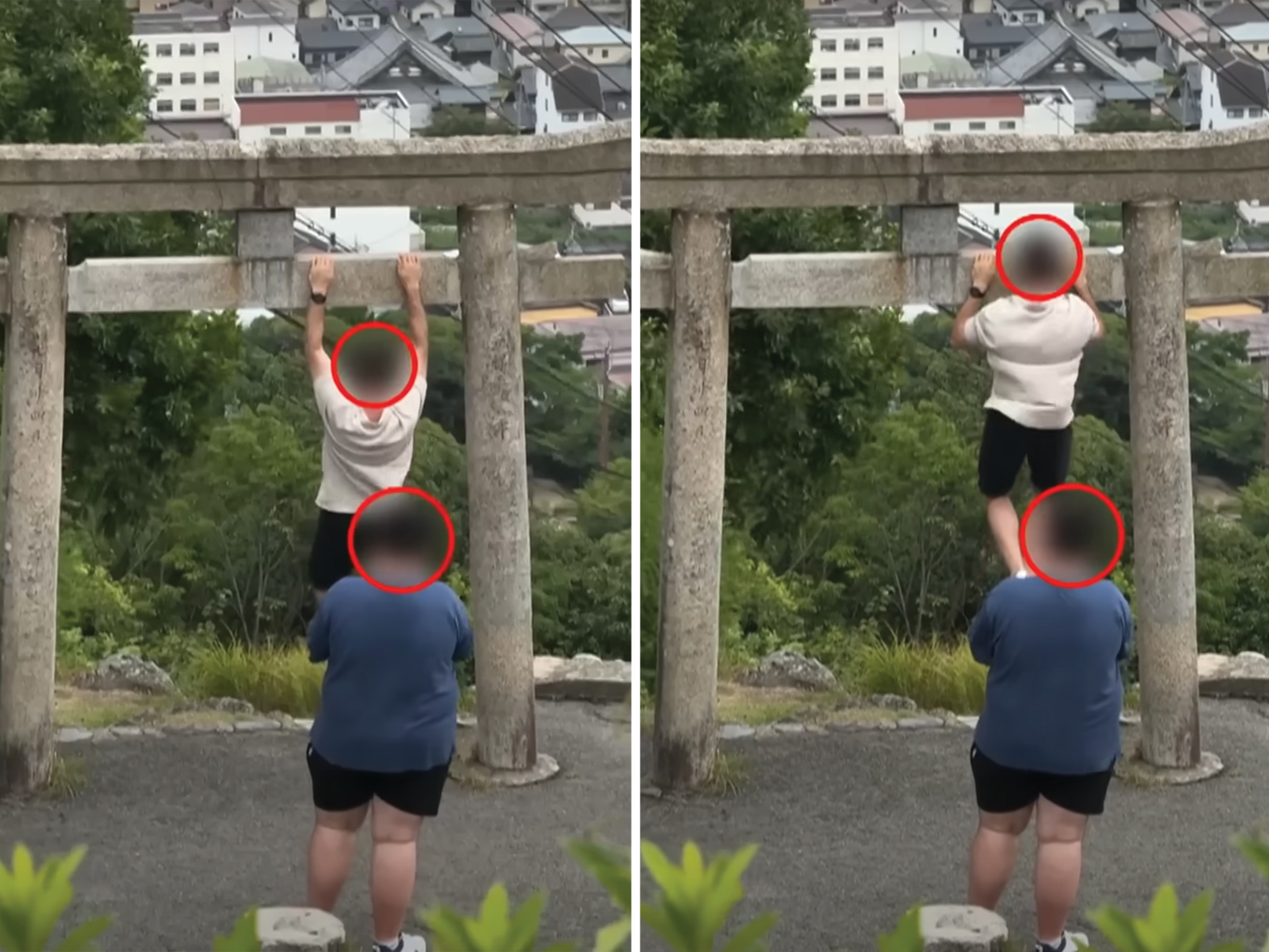 foreigner does pull ups on torii gate