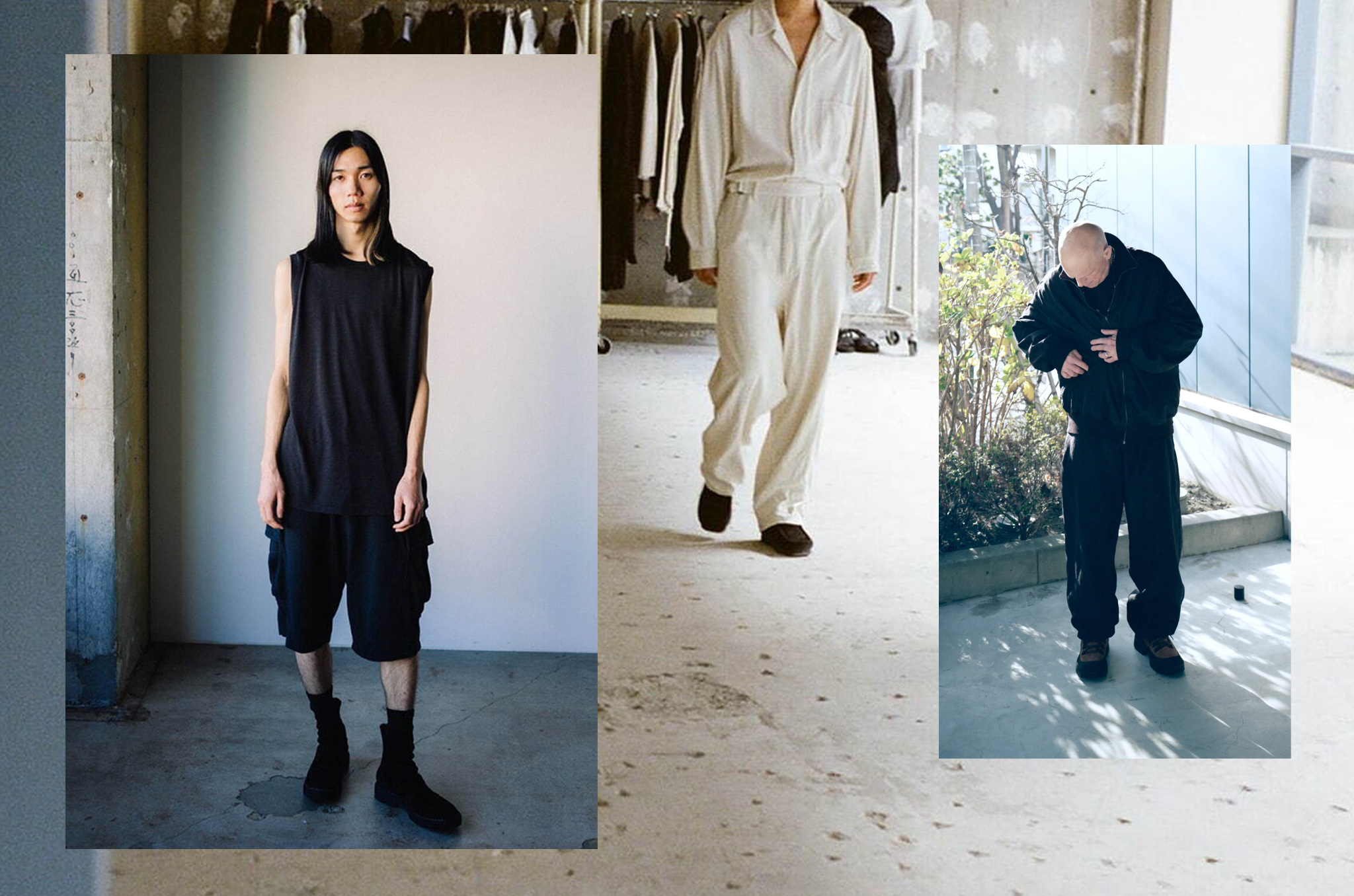 Comoli Spring/Summer 2025 and 2023 lookbook images showing relaxed Japanese menswear silhouettes.