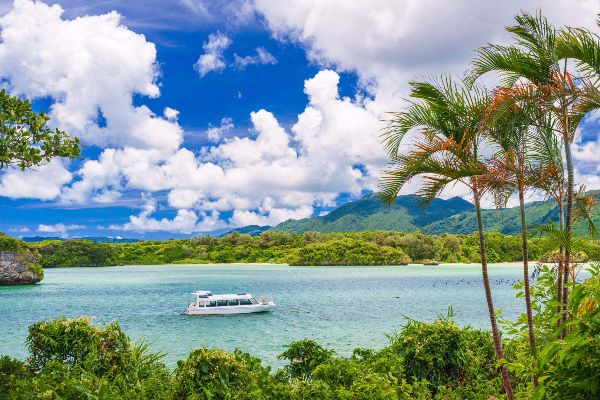 Panoramic view of Kabira Bay emerald waters in Ishigaki.