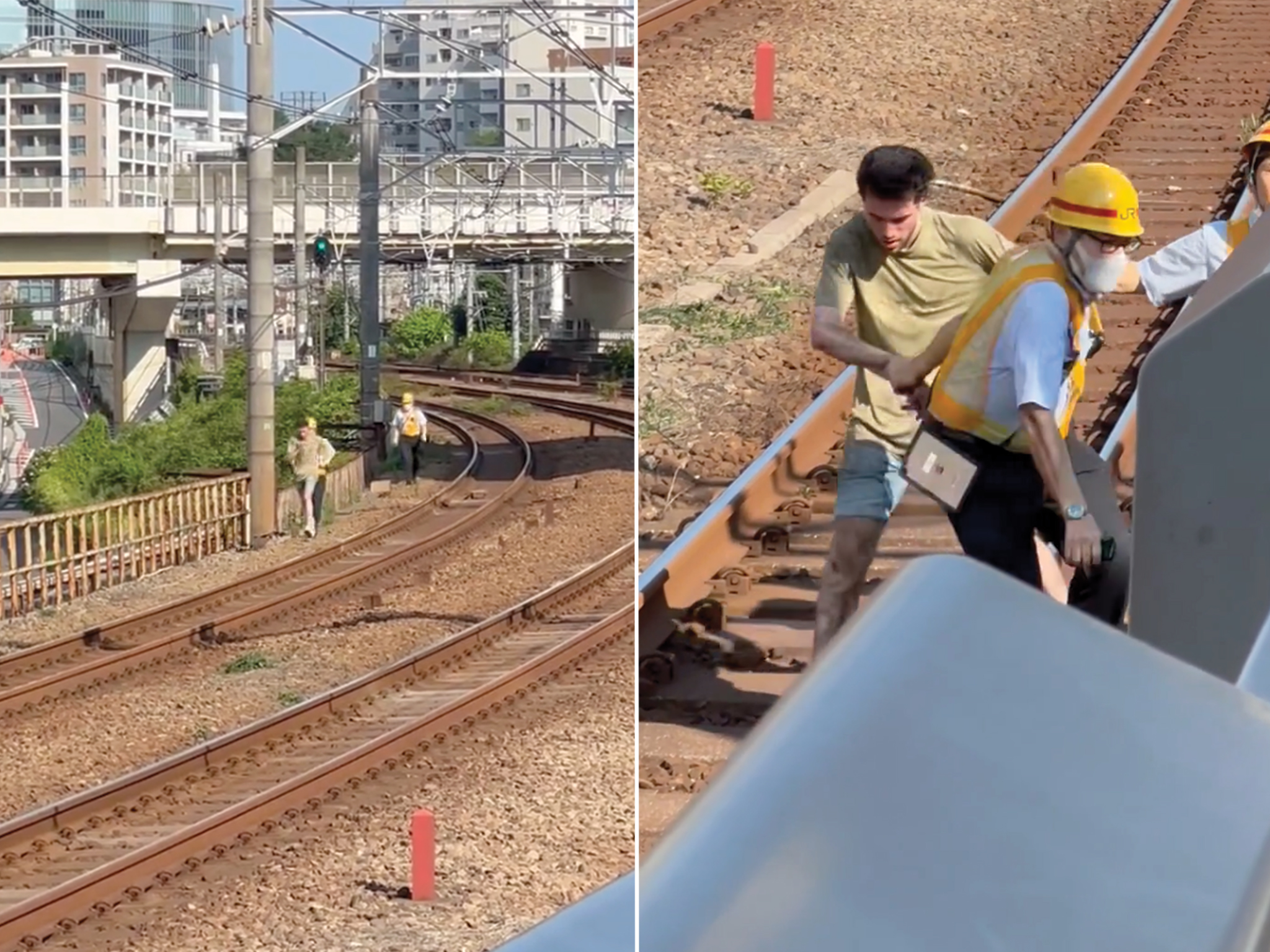 intoxicated man running on tracks japan yamanote line