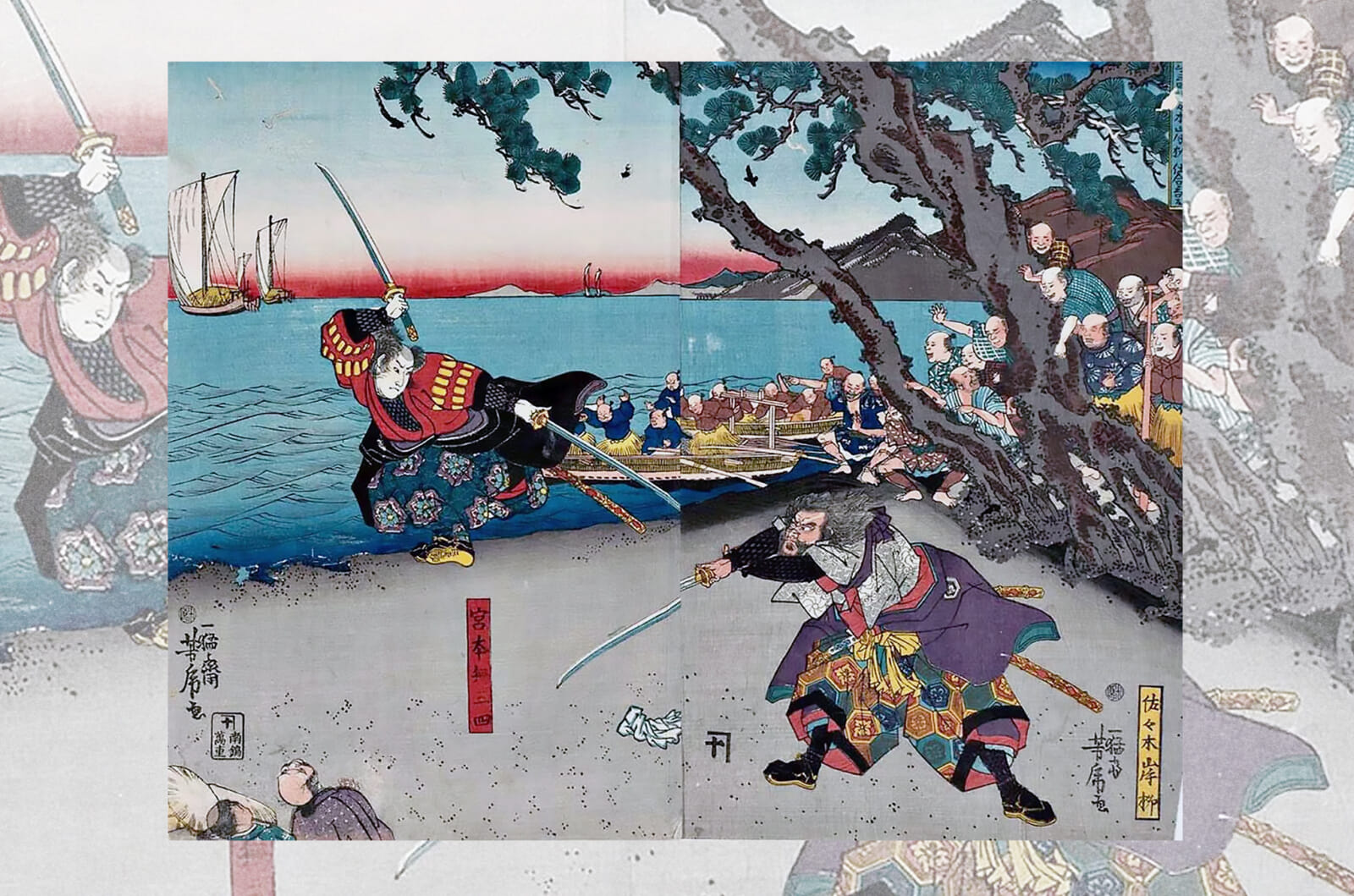 A depiction of Musashi's "Niten Ichi-ryu" two blade fighting style (left), in "Musashi vs Sasaki Kojiro" by Utagawa Yoshitora (c. 1844-48)